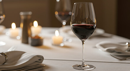A wine glass filled with red wine on a white linen tablecloth at a dinner table, with candlelight and cutlery blurred in the background