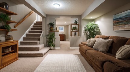 Cozy basement living area with comfortable furniture and decorative plants create welcoming space