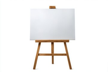 A blank white canvas rests on a wooden artist s easel ready for creativity isolated on white background