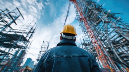 Construction worker overlooking a large-scale building project