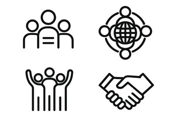 Diversity and inclusion line icon set. Concepts of equality, global unity, partnership, teamwork, community, and collaboration. Handshake, people group, world vector icons.