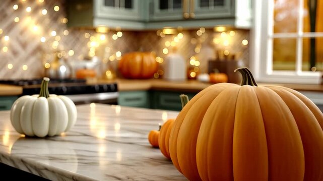 Cozy kitchen decor featuring pumpkins and autumn ambiance in a bright, spacious setting during fall harvest season