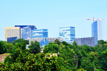 Luxembourg City - View of the Kirchberg district with many office towers on a hill.