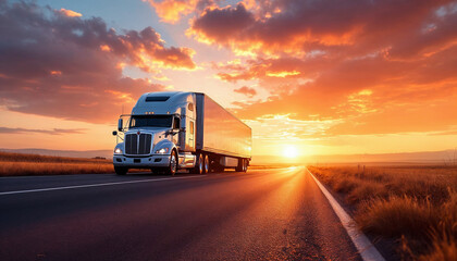 Cinematic shot of a white truck and trailer driving on US roads at sunset.

