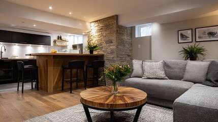 Cozy Finished Basement Retreat with Stone Accent Wall and Modern Kitchen Details