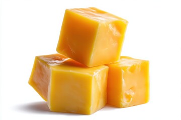 Three cubes of bright yellow cheddar cheese stacked together isolated on white background