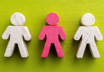 Three wooden figures; one pink, two white, on a lime green background