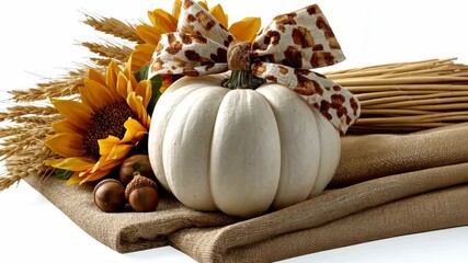 Beautiful autumn decoration with white pumpkin, sunflowers, and natural elements displayed on burlap fabric - Powered by Adobe