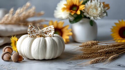 Unique fall decor ideas featuring white pumpkin, sunflowers, and dried wheat in a cozy arrangement for autumn celebrations - Powered by Adobe