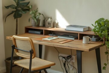 Minimalist Home Office Workspace with Plants and Warm Lighting