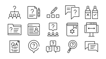 Question linear icon set. Problem, feedback, confusion, message, asking, ask, questioning, question mark and quiz question outline icon collection. UI thin outline icons pack.