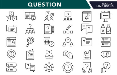 Question linear icon set. Problem, feedback, confusion, message, asking, ask, questioning, question mark and quiz question outline icon collection. UI thin outline icons pack.