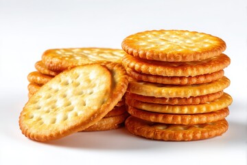 Stack of golden brown round crackers with a slightly angled view isolated on white background