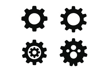 Gear icon vector set of 4. Black gears silhouette mechanical symbols. Industrial cogwheels, engineering tools, gear shapes for technology, machinery, process, progress.