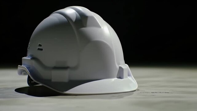White Hardhat Isolated on Gray Concrete Against Dark Background