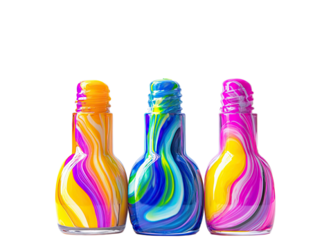 Three colorful swirl patterned glass bottles isolated on white background - Powered by Adobe