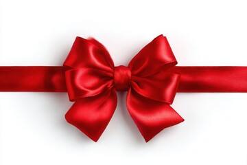 Luxurious shiny red satin ribbon bow tied in the middle of a white background isolated on white background