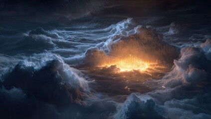 Fototapeta premium A fiery city hidden within a dark, stormy cloud