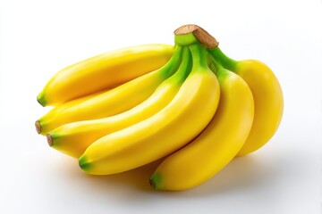 A bunch of ripe yellow bananas with green stems isolated on white background