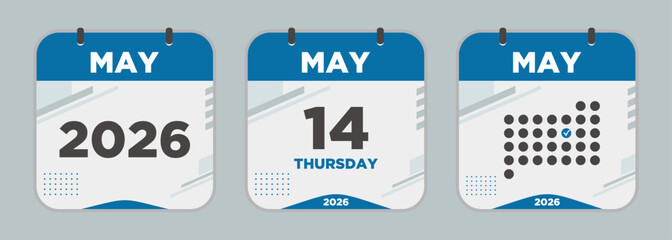 Modern Calendar icon. May. 2026 14 day. The concept of waiting for an important date. Day calendar with date May 14. Cheklist day calendar. Vector illustration