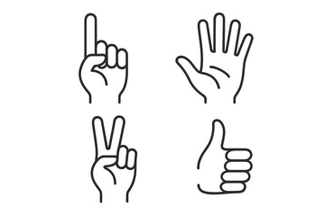 Hand gestures vector line art set. Communication signs collection. Thumbs up, peace sign, pointing finger, open palm. Counting hands. Like, approval, success symbols.