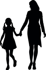 Vector art of a silhouette of a mother and daughter holding hands and walking together isolated on white background