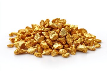 Heap of golden nuggets scattered on a clean white background isolated on white background