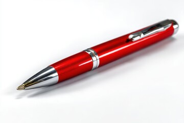 A sleek red and silver metallic ballpoint pen for writing and office supplies isolated on white background