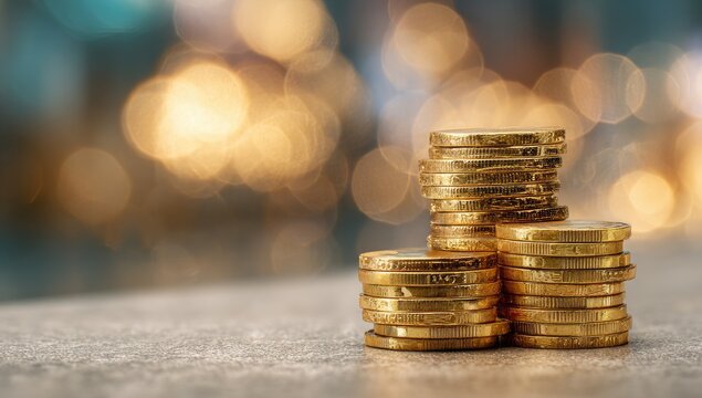 Stacks of golden coins on a table.  Blurred lights in background - Powered by Adobe