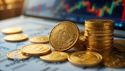 Investing in gold coins financial market image economic environment close-up view wealth management concept