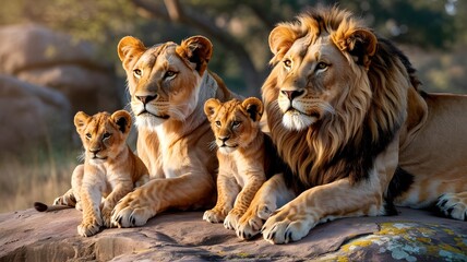 Fototapeta premium Lion Family Resting on Rocky Outcrop