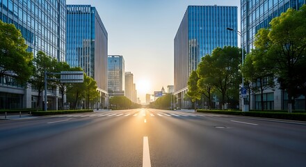 Obraz premium City street view with modern buildings, trees, and a road leading to the horizon at sunrise or sunset.