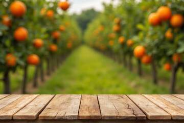 Empty wood table with free space over orange trees, orange field background. For product display montage