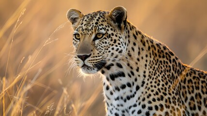 Fototapeta premium Leopard Stalking in Golden Grassland