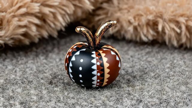 Unique handmade decorative pumpkin with intricate patterns in rich colors on a soft textured background