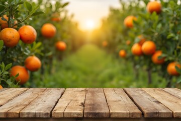 Empty wood table with free space over orange trees, orange field background. For product display montage