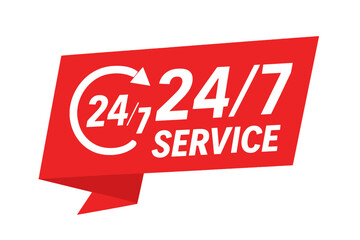 Red banner 24/7 service concept vector illustration. Twenty-four seven open sign. 24 Hours a day and 7 days a week customer support icon. Always on assistance symbol.