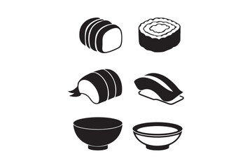 Stylized black and white illustrations of japanese sushi and bowls