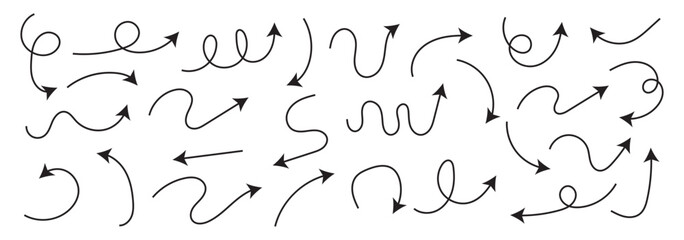 Arrows hand drawn doodle icons set. Curved cartoon arrows sketches collection. Flat and thin pointers illustrations. Scribble swirl arrow signs.