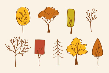Autumn tree collection with colorful foliage. Hand-drawn autumn tree set featuring various tree shapes and fall foliage. Ideal for seasonal design kits, educational materials, or children’