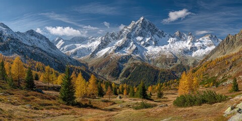 Obraz premium Autumnal alpine valley with snow-capped peaks