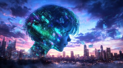 Young Asian woman in cityscape with digital data streams at sunset