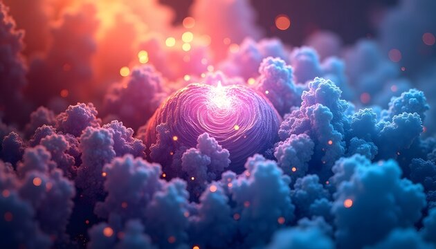 Abstract Pink and Blue Cloudscape with Concentric Orb and Bokeh Lights (AI Generated)