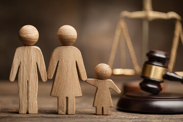 Wooden family figures stand before legal scales and gavel