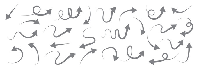 Arrows hand drawn doodle icons set. Curved cartoon arrows sketches collection. Flat and thin pointers illustrations. Scribble swirl arrow signs.