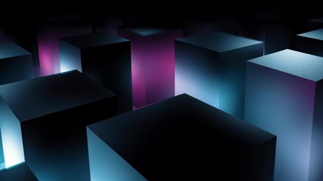 Glowing abstract isometric shapes create an immersive visual experience with vibrant lighting