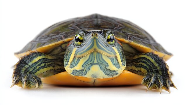 Red eared slider turtle close up on isolated white background