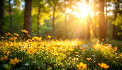 Sunlit meadow of yellow wildflowers in a forest