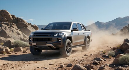 White pickup truck speeding through a dusty off-road desert trail surrounded by rocky terrain and mountains under a clear blue sky. Rugged adventure and outdoor exploration.