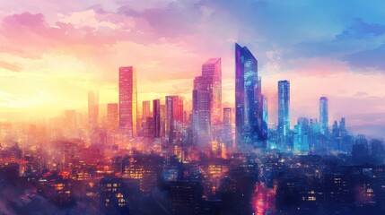 Cityscape at Sunset with Colorful Sky and Buildings